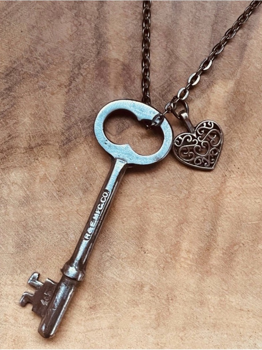 Authentic vintage skeleton Key Pendant Necklace with Filigree Heart Charm